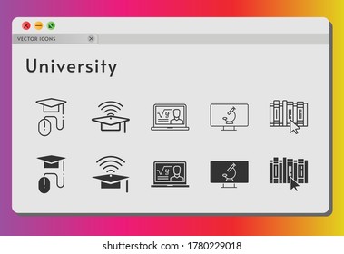 university icon set. included professor, cap, e-learning, book, microscope icons on white background. linear, filled styles.
