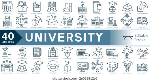 university icon set, simple line element university with editable stroke, university simple icon, higher education icon line style vector image