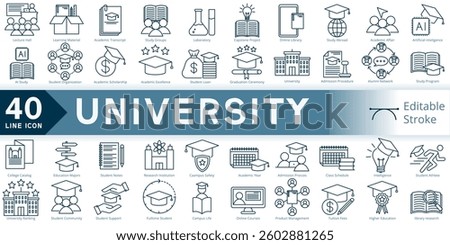 university icon set, simple line element university with editable stroke, university simple icon, higher education icon line style vector image