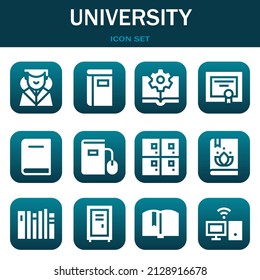 conjunto de iconos de la universidad. Ilustraciones de línea delgada vectorial relacionadas con la graduación, el libro y el libro electrónico