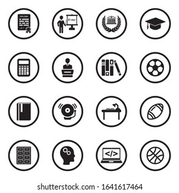 University Icons. Black Flat Design In Circle. Vector Illustration.