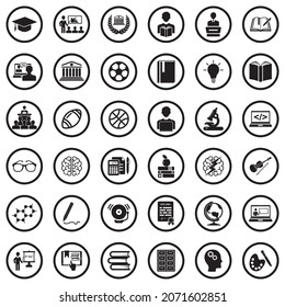 University Icons. Black Flat Design In Circle. Vector Illustration.