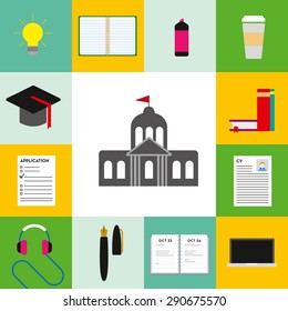 University icons with educational elements on colorful background made of squares. To use a Vector and illustration design.