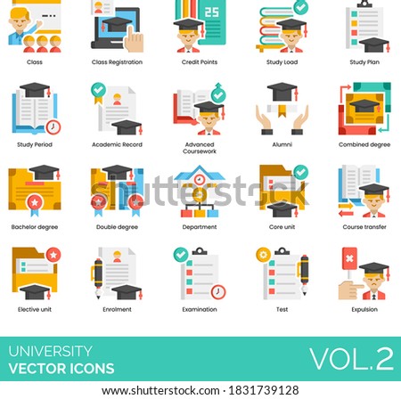 University icons including class registration, credit points, academic record, advanced coursework, alumni, combined degree, bachelor, double, core unit, course transfer, elective, enrollment, test.