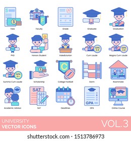 University icons including fee, faculty, grade, graduation, phd, honors student, valedictorian, magna cum laude, summa, scholarship, football, dorm, roommate, academic advisor, sat, gpa, online course