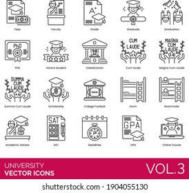 University icons including fees, faculty, grade, graduate, graduation, phd, honors student, valedictorian, cum laude, scholarship, college football, dorm, roommate, academic advisor, deadline, GPA.