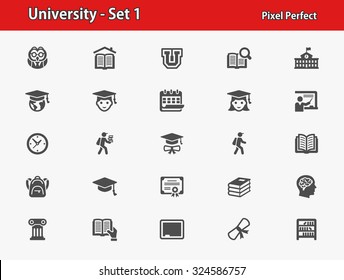 University Icons. Professional, pixel perfect icons optimized for both large and small resolutions. EPS 8 format.