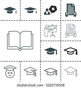 University icons. set of 13 editable filled and outline university icons such as graduation hat, graduation cap, graduate emoji, holding document, book