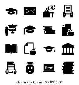 University icons. set of 16 editable filled university icons such as book, holding document, graduation hat, teacher, paper and apple, board with formulas, court building