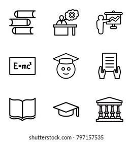 University icons. set of 9 editable outline university icons such as book, holding document, graduation hat, graduate emoji, teacher, board with formulas