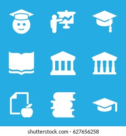 University icons set. set of 9 university filled icons such as court, book, graduate emoji, paper and apple, court building, arrows up, graduation hat
