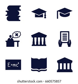 University icons set. set of 9 university filled icons such as court, book, graduation cap, holding document, teacher, court building, board with formulas