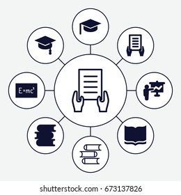 University icons set. set of 9 university filled and outline icons such as book, holding document, arrows up, board with formulas, teacher