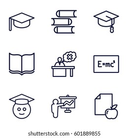 university icons set. Set of 9 university outline icons such as book, paper and apple, teacher, graduate emoji, arrows up, board with formulas