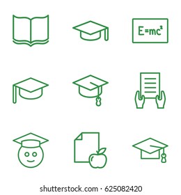 University icons set. set of 9 university outline icons such as book, graduation cap, holding document, paper and apple, graduate emoji, graduation hat, arrows up