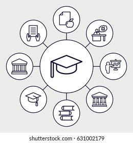 University icons set. set of 9 university outline icons such as court, book, holding document, paper and apple, teacher, court building, arrows up