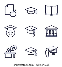 University icons set. set of 9 university outline icons such as court, book, graduation cap, paper and apple, teacher, graduate emoji, graduation hat