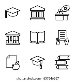 University icons set. set of 9 university outline icons such as court, book, holding document, paper and apple, teacher, court building, arrows up