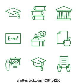 University icons set. set of 9 university outline icons such as court, book, graduation cap, holding document, paper and apple, teacher, arrows up