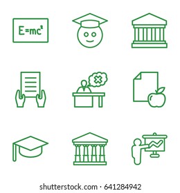 University icons set. set of 9 university outline icons such as court, holding document, paper and apple, teacher, court building, graduate emoji, board with formulas
