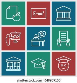 University icons set. set of 9 university outline icons such as court, graduation cap, holding document, paper and apple, teacher, court building, graduate emoji