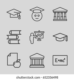 University icons set. set of 9 university outline icons such as court, book, graduation cap, paper and apple, court building, graduate emoji, graduation hat