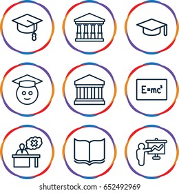 University icons set. set of 9 university outline icons such as court, book, teacher, court building, graduate emoji, graduation hat, arrows up