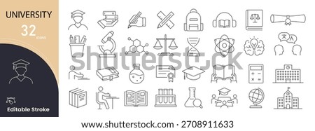 University icons set for campus, study, graduation, research, books, students, and academic systems. Editable stroke. 