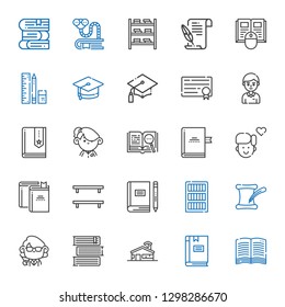 university icons set. Collection of university with book, school, books, teacher, literature, bookcase, bookshelf, boy, open book, student. Editable and scalable university icons.