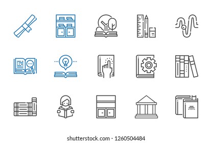 university icons set. Collection of university with books, museum, bookshelf, reading, book, open book, physics, school material, degree. Editable and scalable university icons.