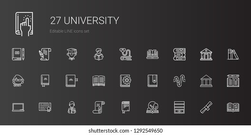 university icons set. Collection of university with bookshelf, open book, book, degree, reading, diploma, blackboard, physics, teacher. Editable and scalable university icons.