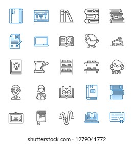 university icons set. Collection of university with diploma, open book, physics, book, books, reading, boy, teacher, bookshelf, literature. Editable and scalable university icons.