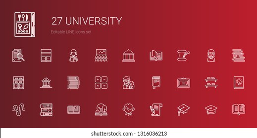 university icons set. Collection of university with graduation, literature, student, open book, books, physics, diploma, book, professor. Editable and scalable university icons.