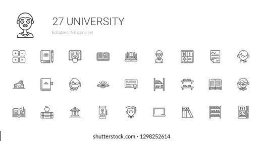 university icons set. Collection of university with library, blackboard, graduate, book, museum, books, open book, bookshelf, diploma. Editable and scalable university icons.