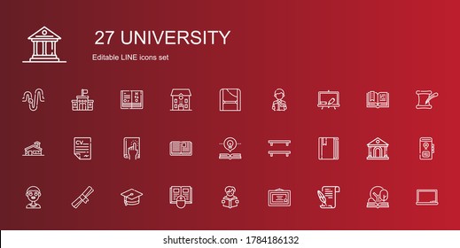 university icons set. Collection of university with literature, diploma, reading, book, mortarboard, degree, boy, bookshelf, open book. Editable and scalable university icons.