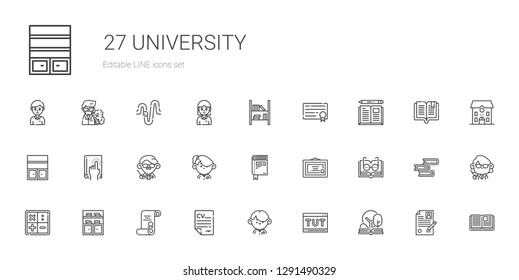 university icons set. Collection of university with open book, tutorial, student, curriculum, degree, bookshelf, math, diploma, book, teacher. Editable and scalable university icons.