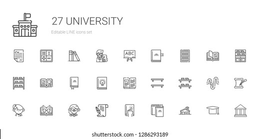 university icons set. Collection of university with school, books, book, literature, teacher, open book, student, bookshelf, bookcase. Editable and scalable university icons.