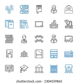 university icons set. Collection of university with school, bookshelf, museum, graduation, book, open book, toga, blackboard, reading. Editable and scalable university icons.