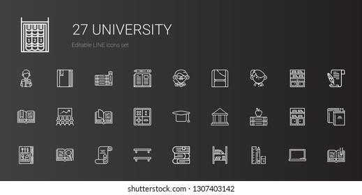 university icons set. Collection of university with school material, bookshelf, books, degree, open book, book, museum, mortarboard, math. Editable and scalable university icons.