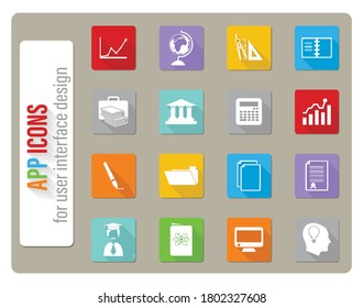 university icons set in flat design with long shadow