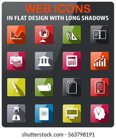 university icons set in flat design with long shadow