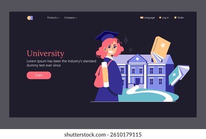 University illustration featuring a confident graduate with a backpack and books, set against a classic university building. This visual captures the excitement of academic achievement and future