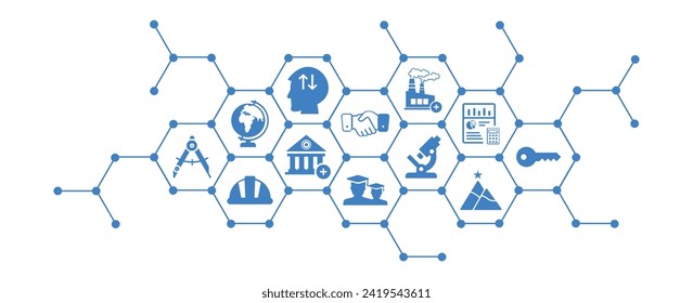 University industry collaboration vector illustration. Blue concept with icons related to partnership and cooperation between academia  business company for research project and program and internship