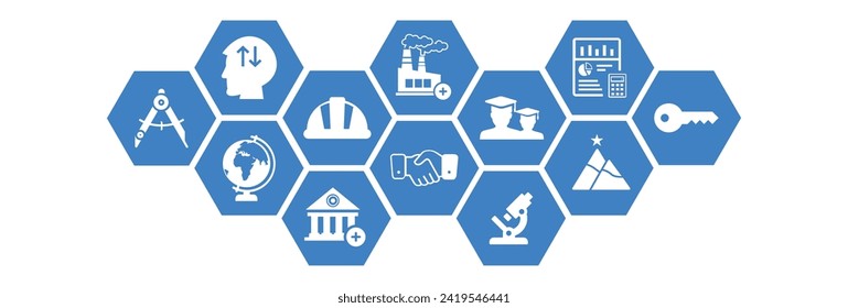 University industry collaboration vector illustration. Blue concept with icons related to partnership and cooperation between academia  business company for research project and program and internship