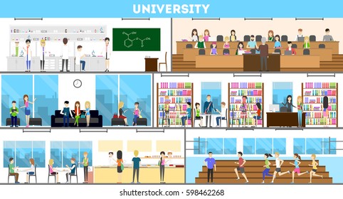 University interior set. Campus and classroom and laboratory.