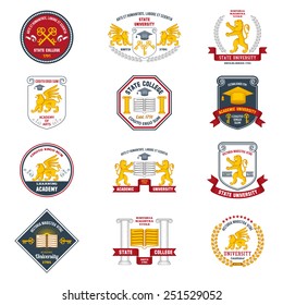 University labels colored set with heraldic animals and decorative frames isolated vector illustration