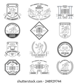 University labels crests sheilds and insignias set with lion griffin and graduation hat education symbols isolated vector illustration