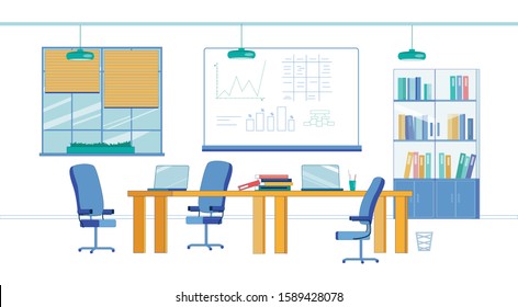 University Laboratory for Business College Trading and Finance Classes. Desks with Laptops and Swivel Chairs. Board with Graphs, Tables, Column Diagrams, and Flow Charts. Windows with Venetian Blinds.