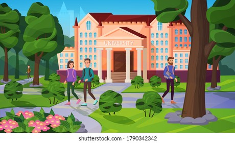 University Landscape With People Vector Illustration. Cartoon Flat Academic Student Characters Walking On Road In Green Park Or Garden Near University Campus Building, Summer Cityscape Background