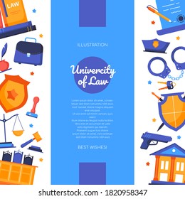 Universidad de Derecho - Banner de diseño plano vectorial con espacio de copia para texto. Gavel, báscula de libra, corte, esposas, pergamino, arma, escudo símbolos del crimen e imágenes de castigo. Plantilla de certificado